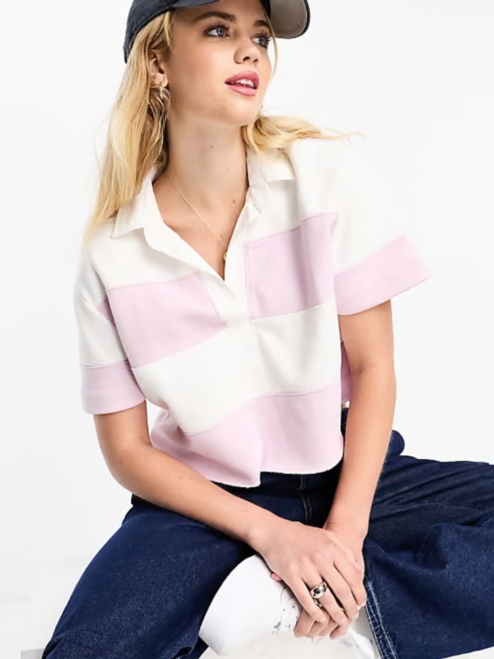 Abercrombie & Fitch Pink and White Cropped Rugby Shirt